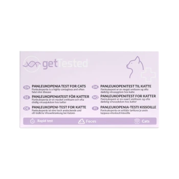 Hellviolette 'getTested'-Schachtel mit der Aufschrift 'Panleukopenia test for cats' in mehreren Sprachen, mit Symbolen für Schnelltest, Kot und Katzen