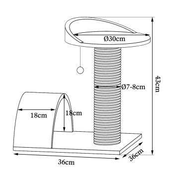 Illustration eines Katzenbaumdesigns mit Abmessungen: 43 cm Höhe, 36 cm Basis, 30 cm obere Plattform und 7-8 cm Durchmesser Kratzbaum.