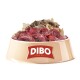 Schüssel mit Tierfutter, gefüllt mit verschiedenen Fleischsorten, mit dem DIBO-Logo und dem Text "Für die Besten das Beste."
