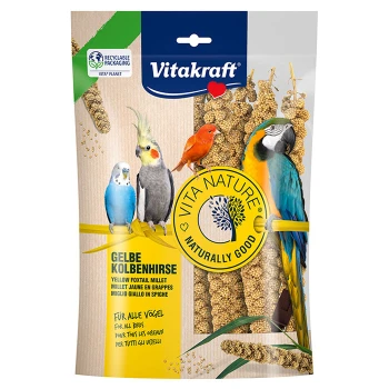 Vitakraft Gelbe Fuchsschwanzhirse Vogelfutterverpackung mit bunten Vögeln, mit dem Text "VITA NATURE NATÜRLICH GUT" und "Für alle Vögel."