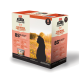 Emballage de nourriture pour chats ACANA Premium Pâté "Saumon avec Poulet," mettant en avant 85 % d'ingrédients d'origine animale, 8 boîtes et une silhouette de chat au coucher du soleil.