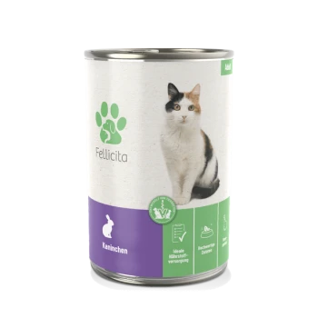 Eine Dose Fellicita Katzenfutter mit einem Calico-Katzenetikett, das "Kaninchen" und "Ideale Nährstoffversorgung" zeigt.