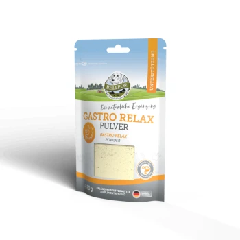 BELLFOR Gastro Relax Pulver Verpackung für Haustiere, hellblaues und weißes Design mit orangefarbenem Text, beschriftet mit "GASTRO RELAX PULVER" und 80g.