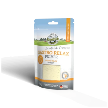 BELLFOR Gastro Relax Pulver Verpackung für Haustiere, hellblaues und weißes Design mit orangefarbenem Text, beschriftet mit "GASTRO RELAX PULVER" und 80g.