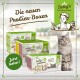 Betty's Landhausküche Haustierfutterboxen, beschriftet mit #1, #2 und #3, mit einer Katze in der Nähe. Text: "Die neuen Probier-Boxen" und "Jetzt testen!"