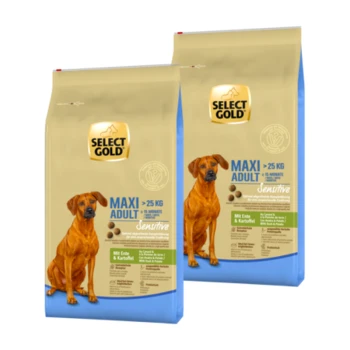 Zwei Säcke Select Gold Hundefutter, beschriftet mit "MAXI ADULT" für Hunde über 25 kg, mit einem braunen Hund auf der Verpackung.