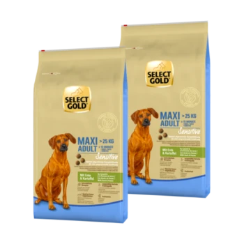 Zwei Säcke Select Gold Hundefutter, beschriftet mit "MAXI ADULT" für Hunde über 25 kg, mit einem braunen Hund auf der Verpackung.