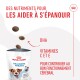Emballage de friandises Royal Canin pour l'entraînement avec un texte mettant en avant des nutriments comme le DHA, les vitamines C et E pour la fonction cognitive, avec un chien.