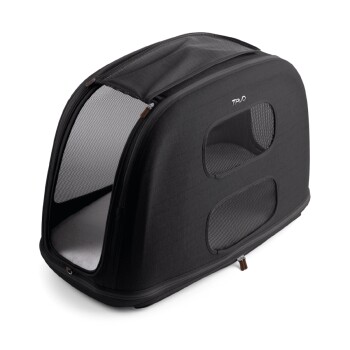 Schwarze Haustiertragetasche mit Netzfenstern und einem weichen Innenraum, entworfen für Komfort und Belüftung.