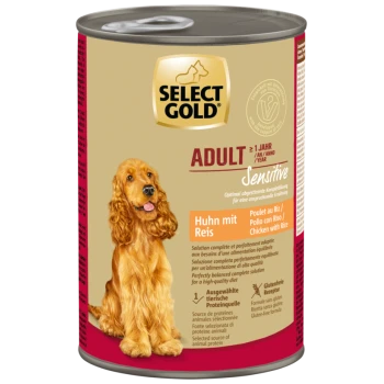 Select Gold Adult Sensitive Hundefutterdose mit Huhn und Reis, mit Golden Retriever und glutenfreier Formel.
