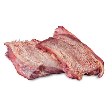 Rohe Rinderpansenstücke auf einem weißen Hintergrund, die ihre strukturierte Oberfläche und natürliche Farbe zeigen.