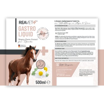 Etikett für REAVET GASTRO LIQUID, ein flüssiges Ergänzungsmittel für Pferde, mit einem braunen Pferd, Dosierungsanweisungen und Inhaltsstoffdetails.