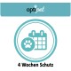 OptiPet-Logo mit einem kreisförmigen Symbol, das einen Kalender und einen Pfotenabdruck zeigt, der Text lautet "4 Wochen Schutz", was vier Wochen Schutz anzeigt.