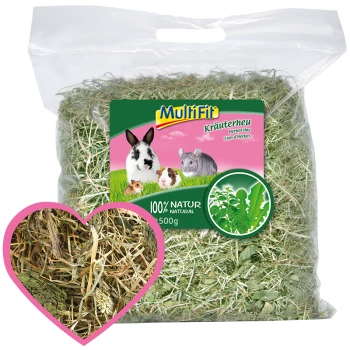 MultiFit Kräuterheu für Kleintiere, 500g, 100 % natürlich, mit Bildern von Kaninchen, Meerschweinchen, Hamster und Chinchilla.