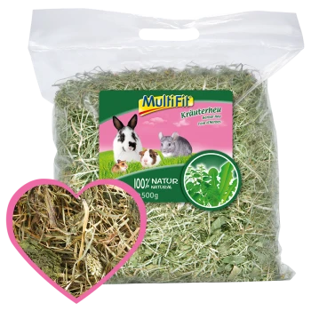 Foin aux herbes MultiFit Kräuterheu pour petits animaux, 500g, 100 % naturel, avec images de lapin, cochon d'Inde, hamster et chinchilla.