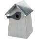 A wooden birdhouse with a slanted metal roof, featuring a black bird silhouette cutout near the entrance hole.