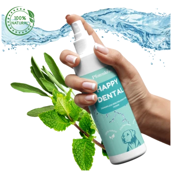 Happy Dental Kräuterspray für Hunde in einer weißen Flasche mit einem türkisfarbenen Etikett, das ein Zahn-Icon und Text in deutscher Sprache zeigt.