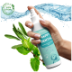Happy Dental Kräuterspray für Hunde in einer weißen Flasche mit einem türkisfarbenen Etikett, das ein Zahn-Icon und Text in deutscher Sprache zeigt.