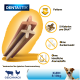 Friandises DentaStix pour chiens sur un fond jaune : deux bâtonnets faibles en matières grasses, 51 calories chacun, sans sucre ajouté, sans arômes artificiels.