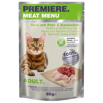 Een kattenvoedingszak voor volwassen katten met een Bengaalse kat, gelabeld "Premiere Meat Menu," met rundvlees, kalkoen en konijn. 100% vers vlees, graanvrij.