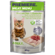 Un sachet de nourriture pour chats adultes avec un chat Bengal, étiqueté "Premiere Meat Menu," avec du bœuf, de la dinde et du lapin. 100 % viande fraîche, sans céréales.