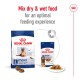 Royal Canin dog food packaging featuring dry and wet food options for senior dogs, with text promoting optimal feeding experience.