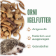 Igelnahrung mit der Bezeichnung "Orni Igelfutter" mit Kroketten und Mehlwürmern. Höhepunkte: "Artgerecht," "Natürlich und ausgewogen," "Getreidefrei."