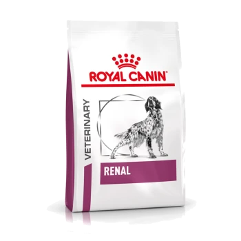Royal Canin Veterinary Renal hondenvoer zak met een zwart-wit afbeelding van een hond, met "ROYAL CANIN" en "RENAL" prominent weergegeven.