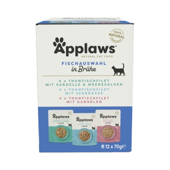 Applaws Naturkatzenfutter Fisch-Multipack, mit 12 Beuteln zu je 70g, als 100% natürlich gekennzeichnet, mit Bildern von Fischbeuteln an der Seite.