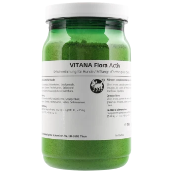 Grünes Glas von VITANA Flora Activ, einer Kräutermischung für Hunde, mit in Deutsch und Französisch aufgelisteten Zutaten, die das intestinale Gleichgewicht fördern.