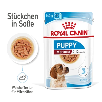 Royal Canin Welpenfutter für mittelgroße Rassen, geeignet für Welpen im Alter von 2-12 Monaten, mit weichen Stückchen in Sauce.
