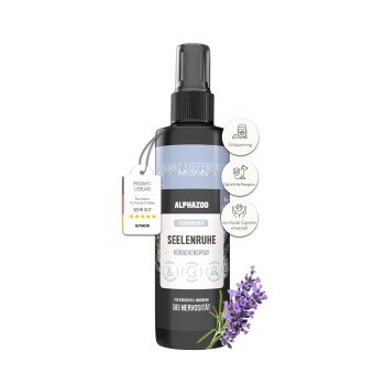 Schwarze Sprühflasche mit der Aufschrift 'ALPHAZOO Care' mit einer Hundillustration, mit 'Körbchenspray SEELENRUHE' und 'Lavendel & Baldrian', 500 ml.