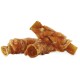Three rolled dog treats made from meat, showcasing a chewy texture and a savory appearance.