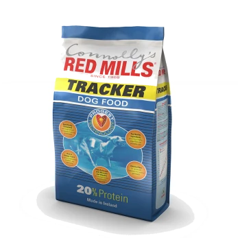 Connolly's Red Mills Tracker Dog Food bag, featuring 20% protein, highlights Progest technology and benefits like Omega 3 & 6, chicory fiber.