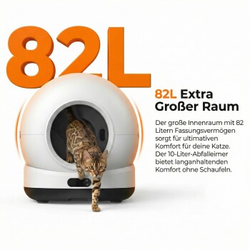 Weiße kugelförmige automatische Katzentoilette, aus der eine getigerte Katze heraustritt; großes orangefarbenes '82L' und deutscher Text '82L Extra Großer Raum'.