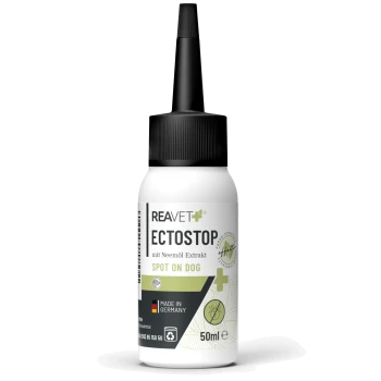 Flasche von REAVET ECTOSTOP, eine 50ml Spot-On-Behandlung für Hunde mit Neemöl-Extrakt, gekennzeichnet mit "Hergestellt in Deutschland."