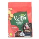 Roter und grüner Beutel Vutter! veganes Hundefutter mit Kartoffeln, Erbsen und einem Hund, der sich die Nase leckt, auf der Vorderseite.