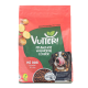 Roter und grüner Beutel Vutter! veganes Hundefutter mit Kartoffeln, Erbsen und einem Hund, der sich die Nase leckt, auf der Vorderseite.