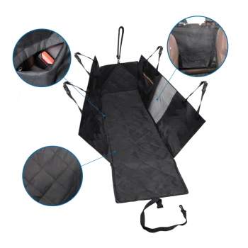 Schwarze Autositzabdeckung für Haustiere mit gestepptem Design, verstellbaren Riemen und Netzfächern zur Aufbewahrung. Ideal zum Schutz der Autoinnenräume.