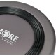 A close-up of a pet food bowl in a muted purple color, featuring the text "MORE PETS & DOGS" in white, with a black rim.
