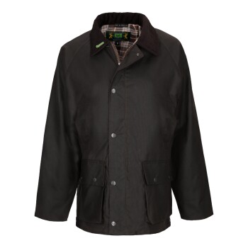 Herren dunkelbraune gewachste Baumwolljacke mit Cordkragen und kariertem Futter, mit vorderen Druckknöpfen und Taschen.