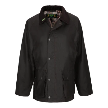 Herren dunkelbraune gewachste Baumwolljacke mit Cordkragen und kariertem Futter, mit vorderen Druckknöpfen und Taschen.