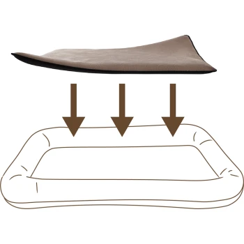 Ein Haustierbett mit einer weichen, beigen Schlafoberfläche und einer schwarzen Unterseite, illustriert über einem Diagramm, das seine gepolsterte Struktur zeigt.