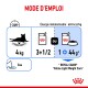 Infographie montrant les instructions d'alimentation pour un chat de 4 kg, recommandant 3,5 boîtes ou 1 boîte plus 44 g de Royal Canin "Feline Light Weight Care."