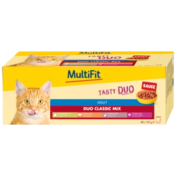 Packaging for MultiFit Tasty Duo Classic Mix cat food, featuring an orange cat licking its lips, with text highlighting "Adult" and "Sauce."