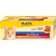 Verpackung für MultiFit Tasty Duo Classic Mix Katzenfutter, mit einer orangefarbenen Katze, die sich die Lippen leckt, und Text, der "Erwachsene" und "Sauce" hervorhebt.