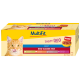 Emballage pour la nourriture pour chats MultiFit Tasty Duo Classic Mix, avec un chat orange se léchant les lèvres, avec un texte mettant en avant "Adult" et "Sauce".