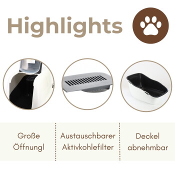 Highlights-Header mit Pfoten-Symbol; drei Bilder einer weißen Katzentoilette, eines Filters und eines abnehmbaren Deckels. Deutscher Text sichtbar.
