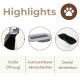 Highlights-Header mit Pfoten-Symbol; drei Bilder einer weißen Katzentoilette, eines Filters und eines abnehmbaren Deckels. Deutscher Text sichtbar.