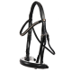 Schwarzes Lederpferdegeschirr mit einem dekorativen Strassstreifen, mit verstellbaren Riemen und einem gepolsterten Nasenband.